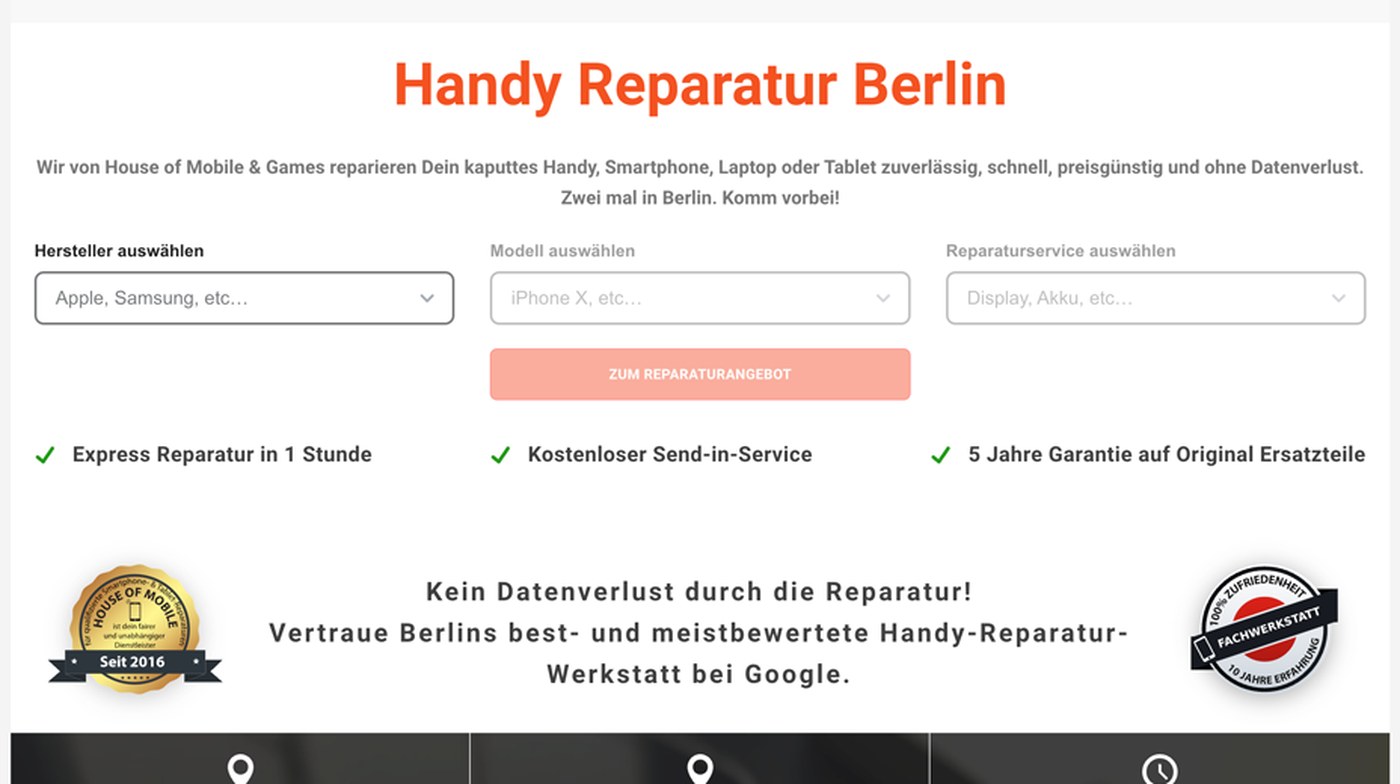 The redesigned homepage — headline followed immediately by three dropdowns for manufacturer, model and repair service