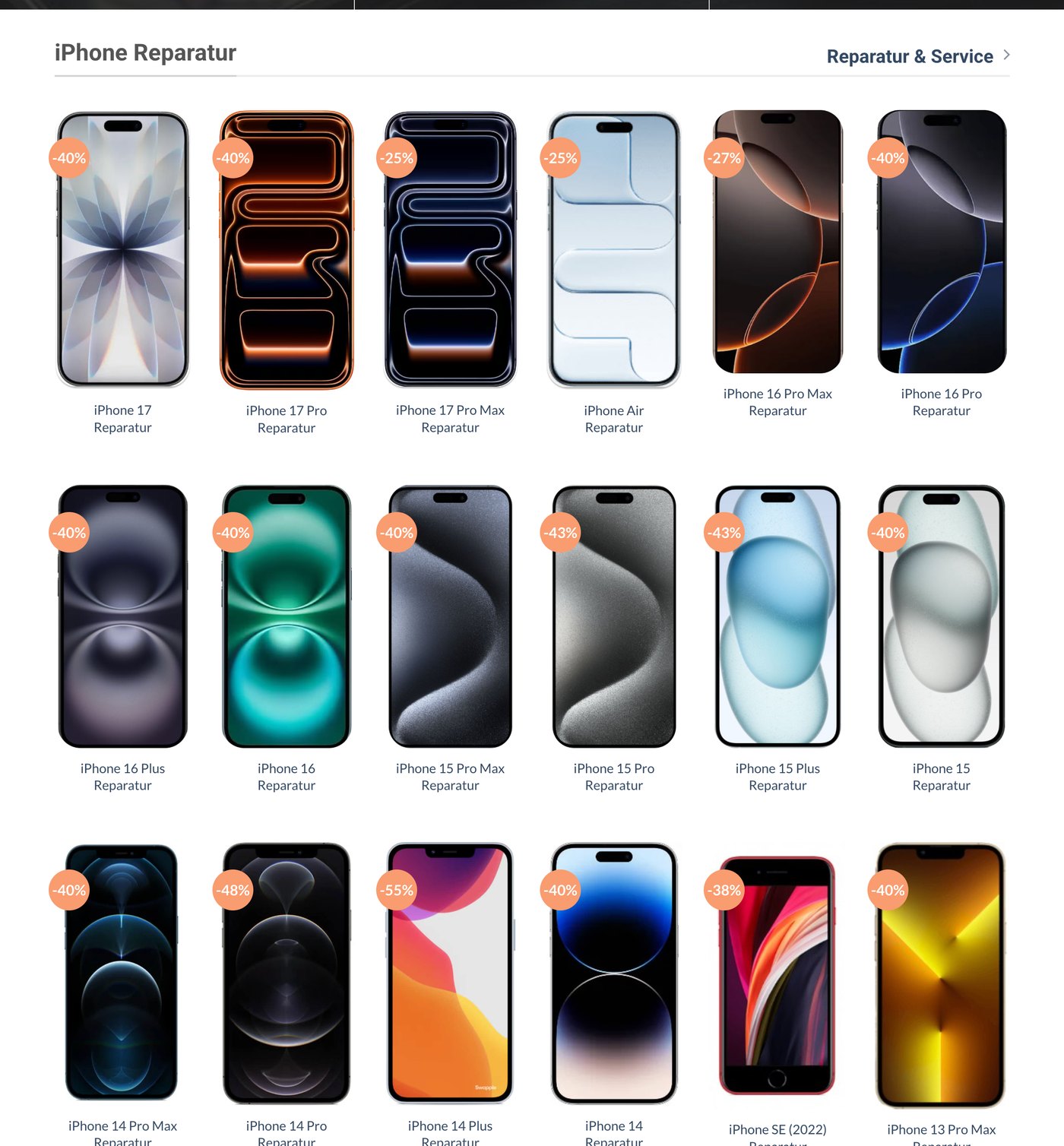 The redesigned category page — a consistent grid of devices, each with a price reduction badge and a clear repair label