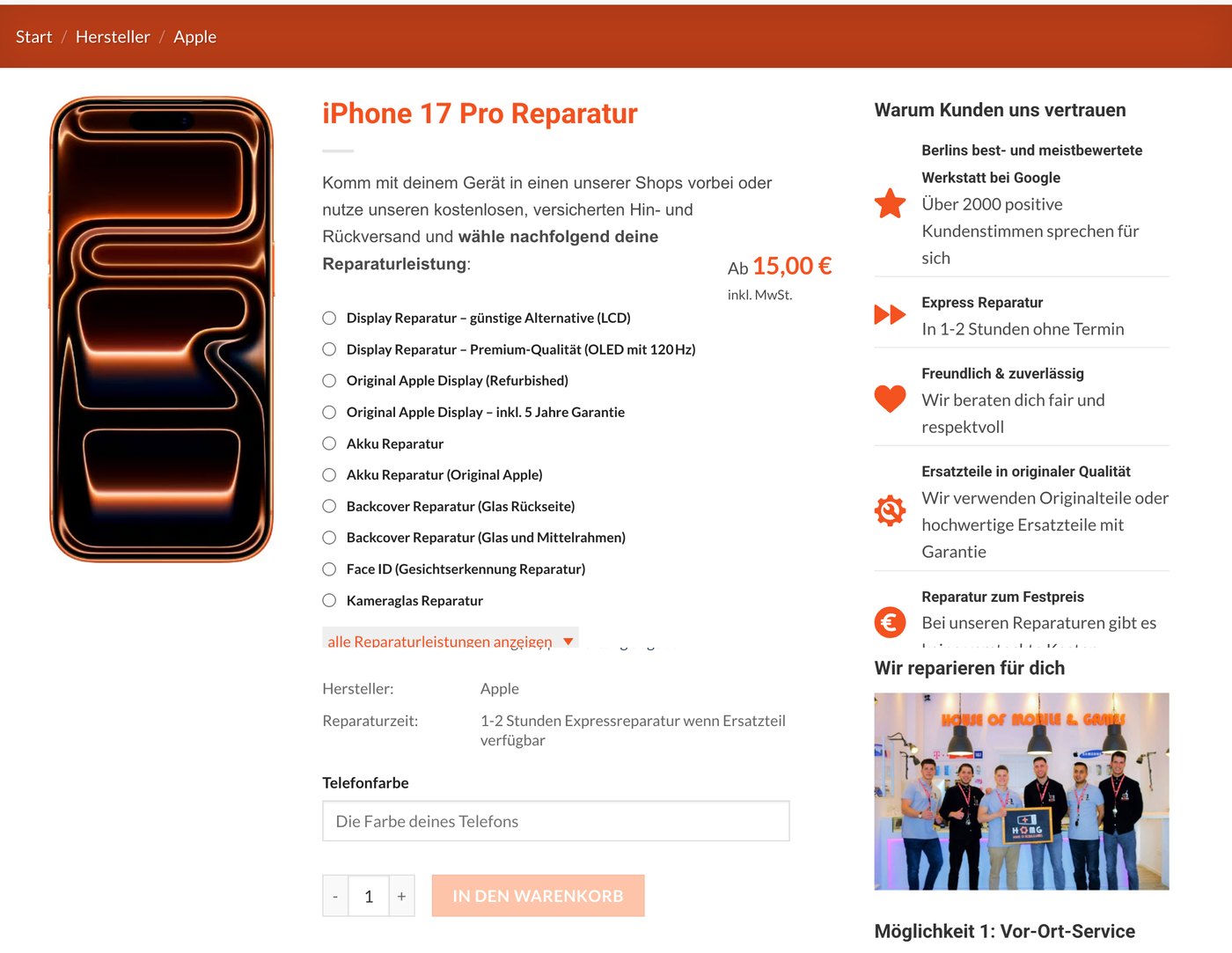 The redesigned product page — a device, a list of selectable repair services, a starting price and add to cart
