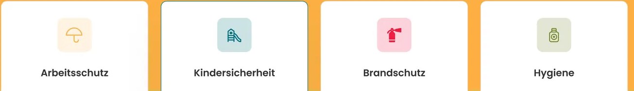The four service areas as cards, each with its own icon and colour