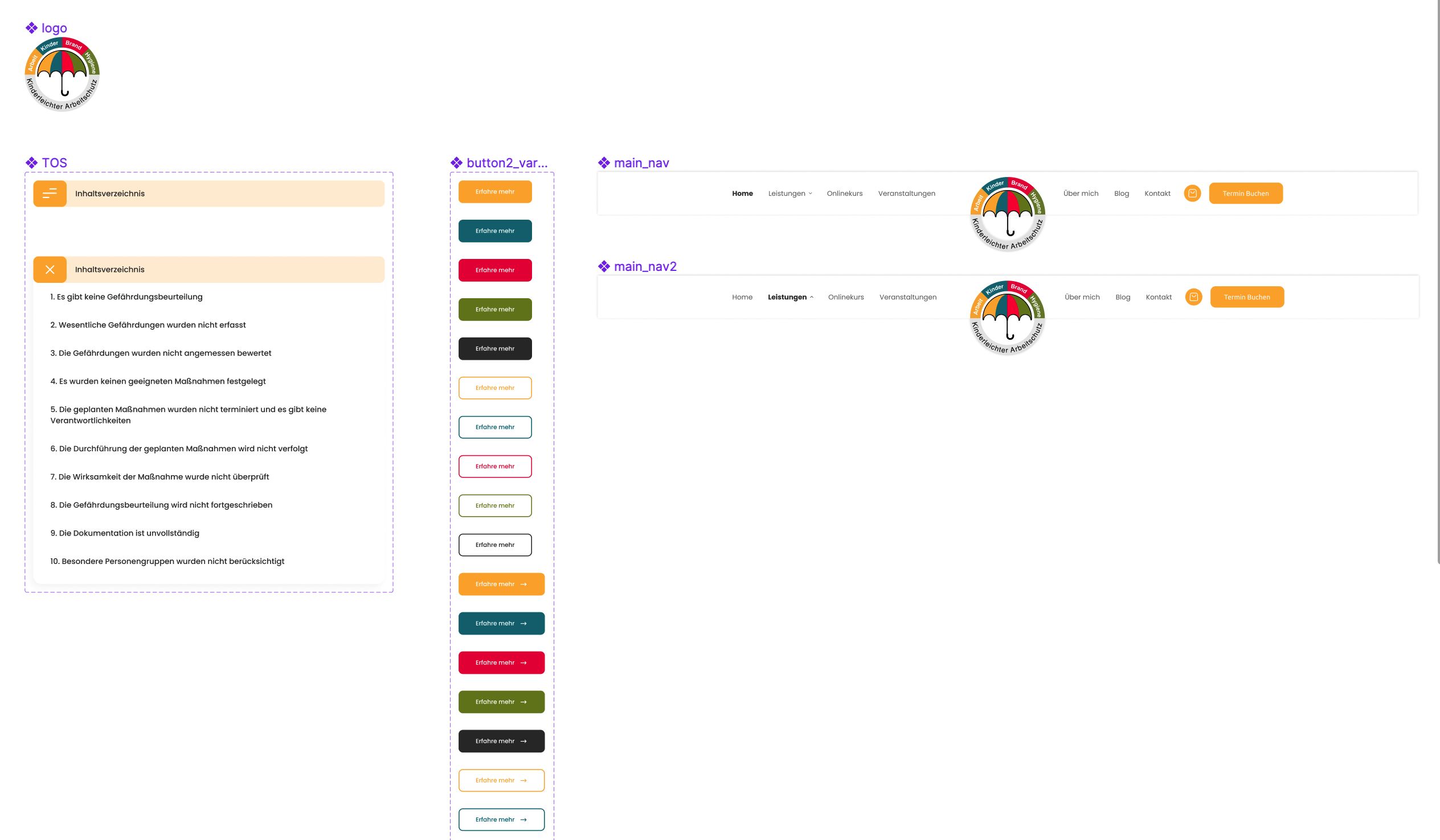 Component library — button matrix, navigation variants, accordion