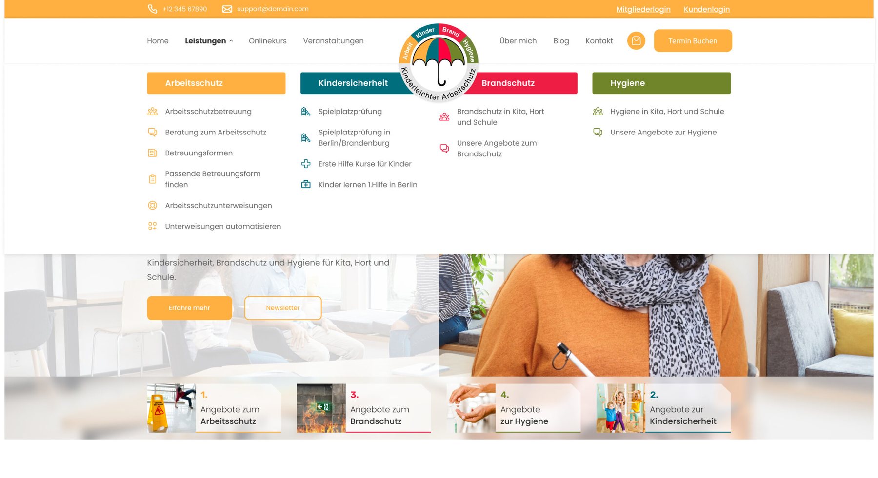 Desktop mega-menu with the four colour-coded service columns