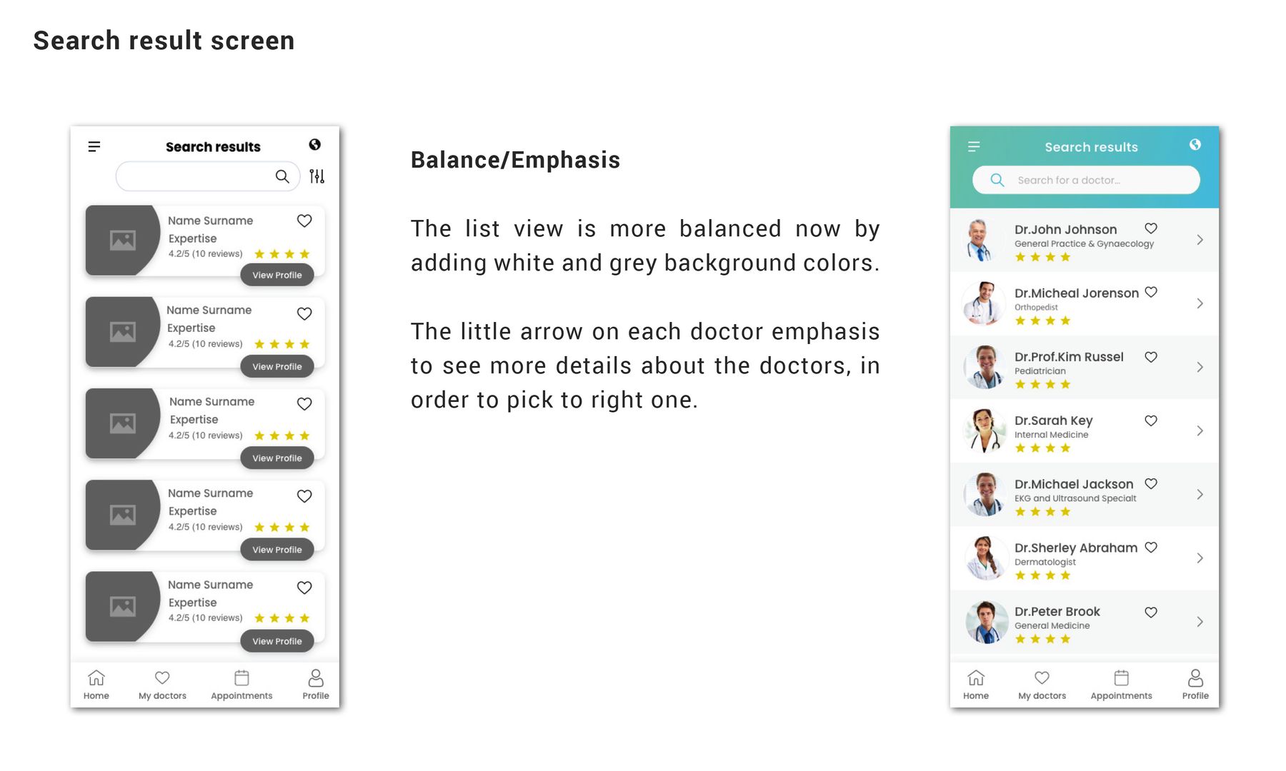 Search results screen — wireframe and final UI