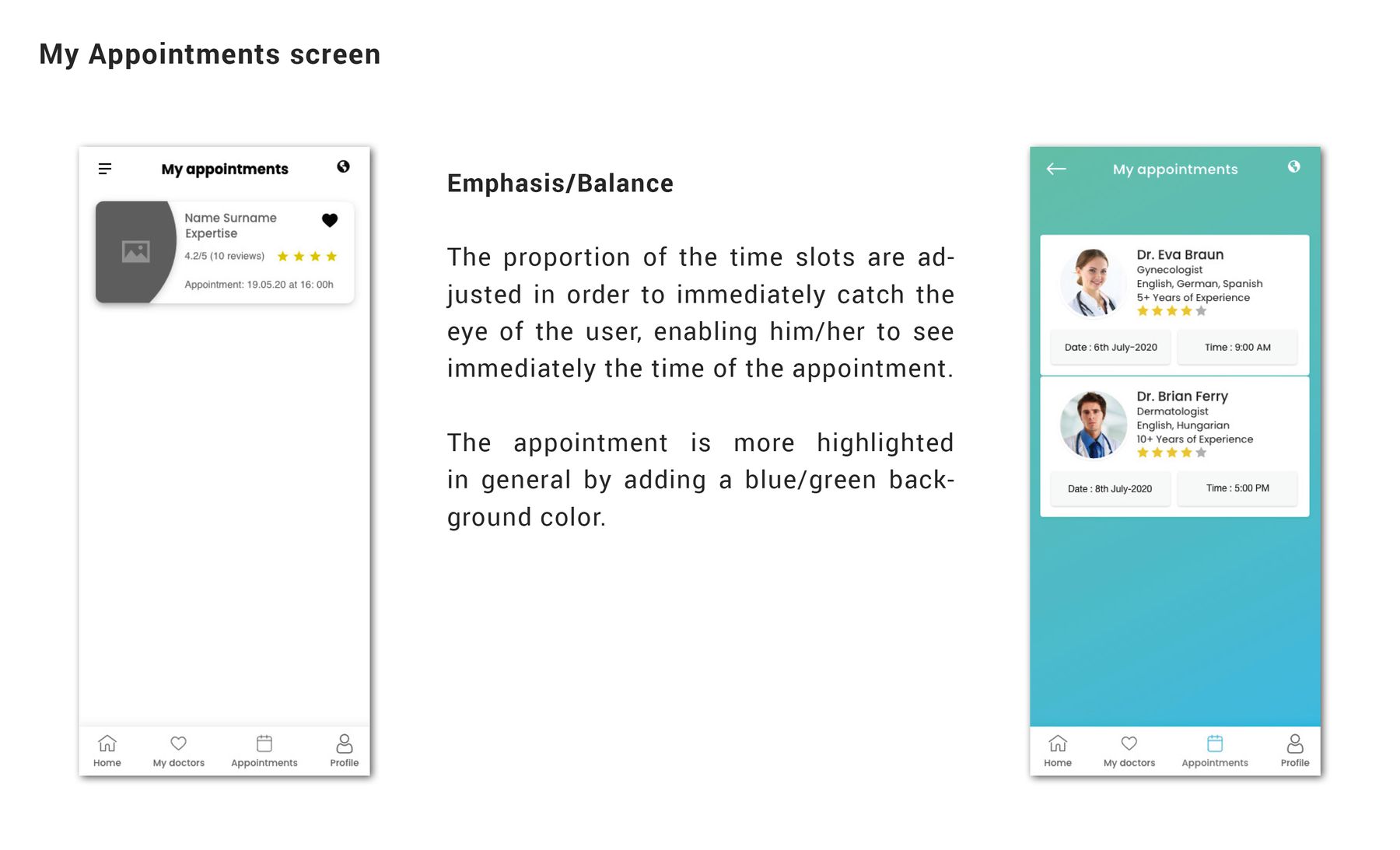 My appointments screen — wireframe and final UI