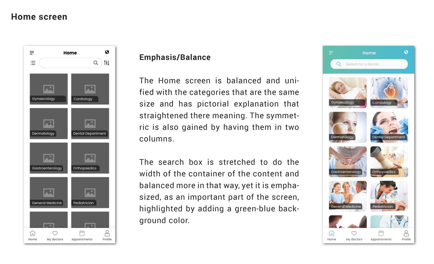 Home screen — wireframe and final UI