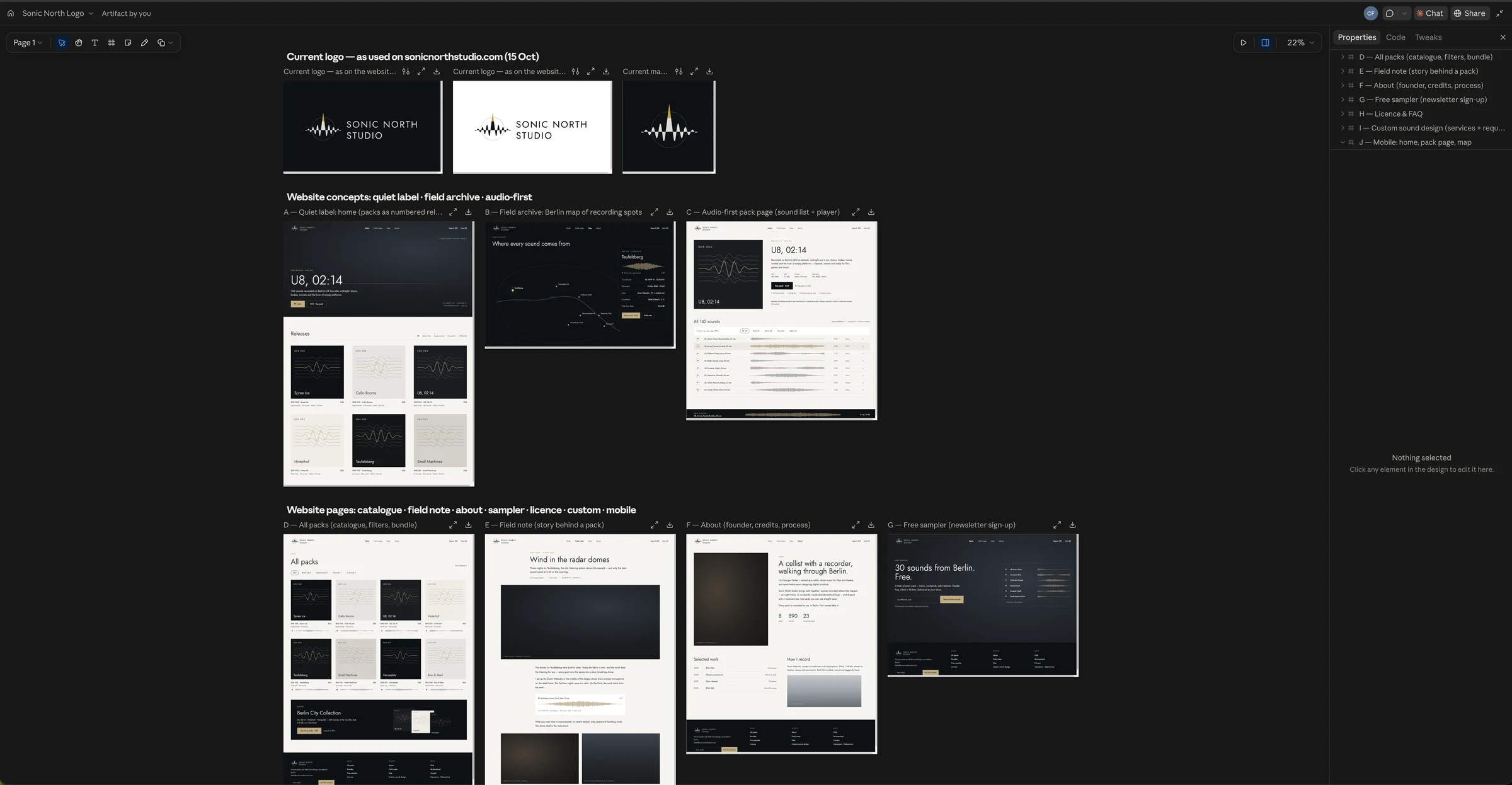 The Claude Design canvas for Sonic North: the current logo on dark and light, three website concepts, and further page designs side by side