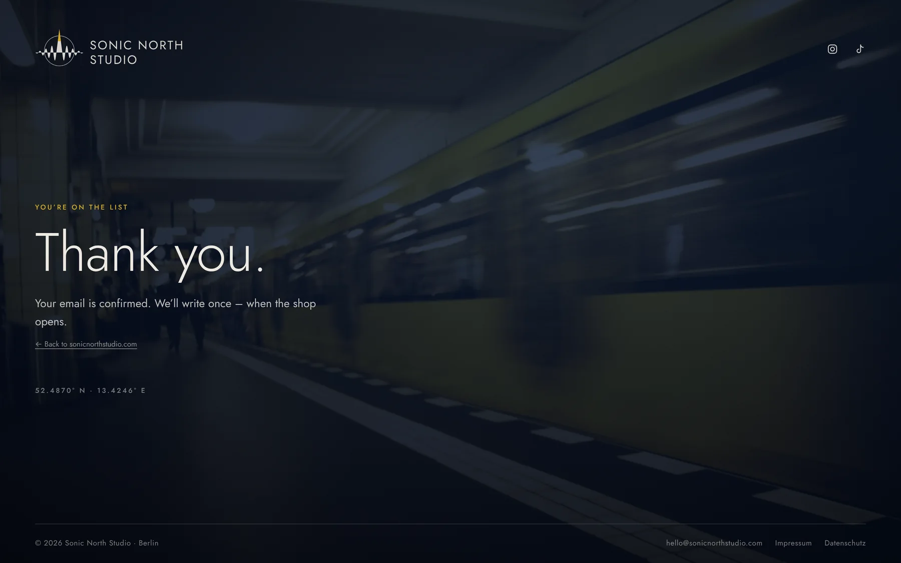 The page shown after confirming: 'You're on the list', the headline 'Thank you.' and a link back to the site