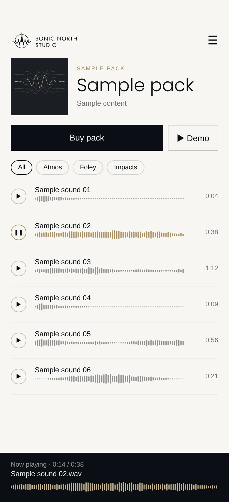 A sample pack page on a phone: a list of sounds, each with its own waveform, and a sticky player bar at the bottom