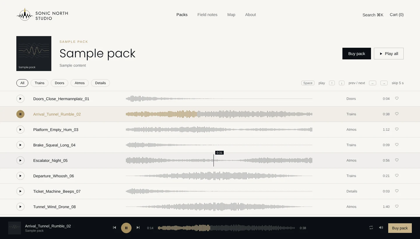 The pack page on desktop: a list of sounds, each with its own waveform, and a player bar fixed to the bottom of the screen