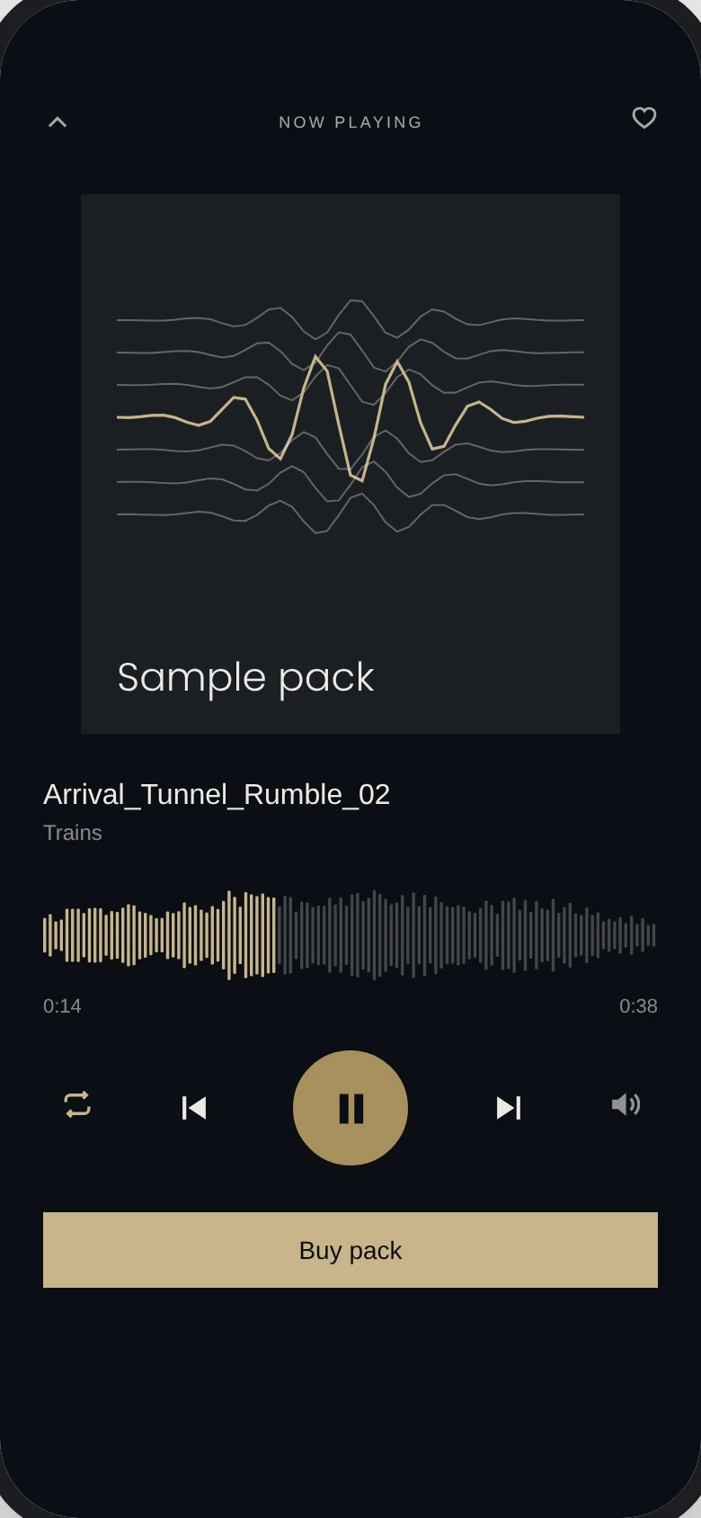 The full-screen player: a large waveform, loop, previous, next and a Buy button