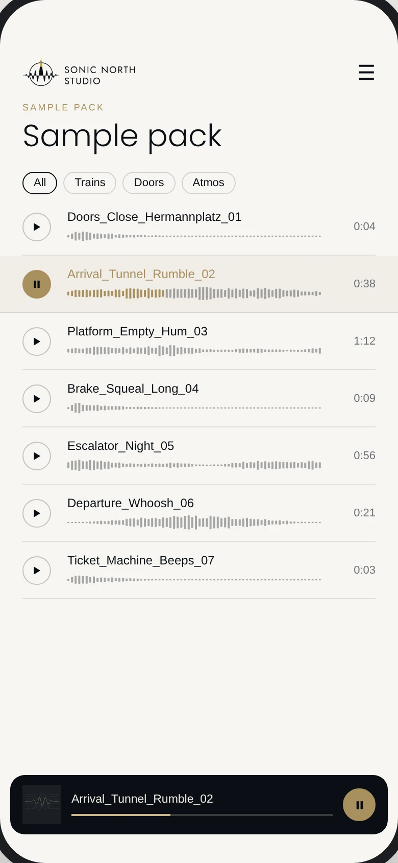 The pack page on a phone: a list of sounds, each with its own waveform, and a mini player at the bottom