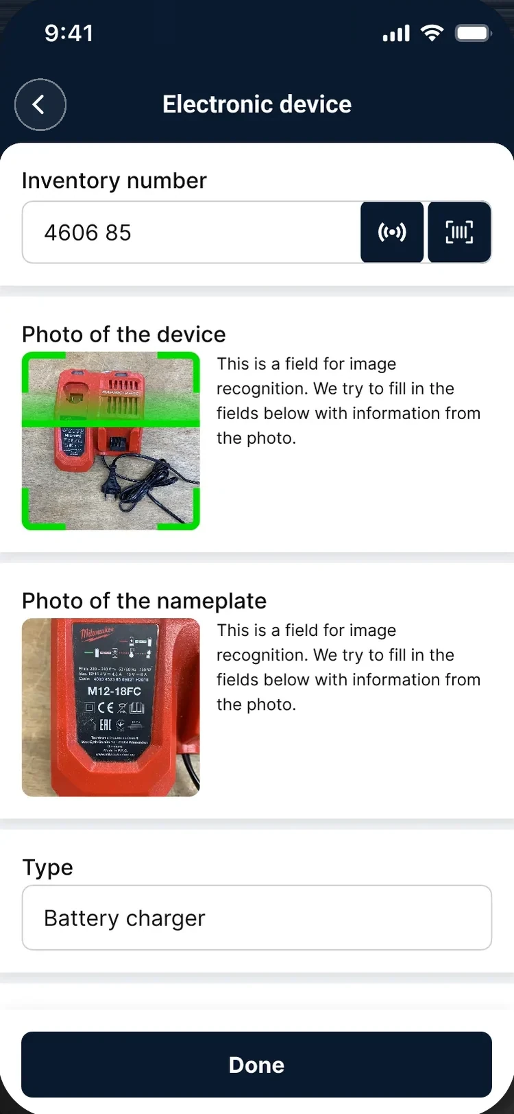 Electronic device form — photos of the device and its nameplate, with the recognised type filled into a normal editable field