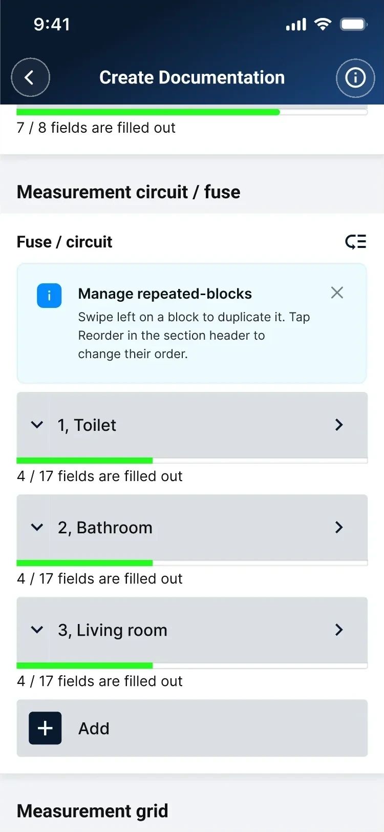 A dismissible hint above the block list: swipe left on a block to duplicate it, tap Reorder to change the order