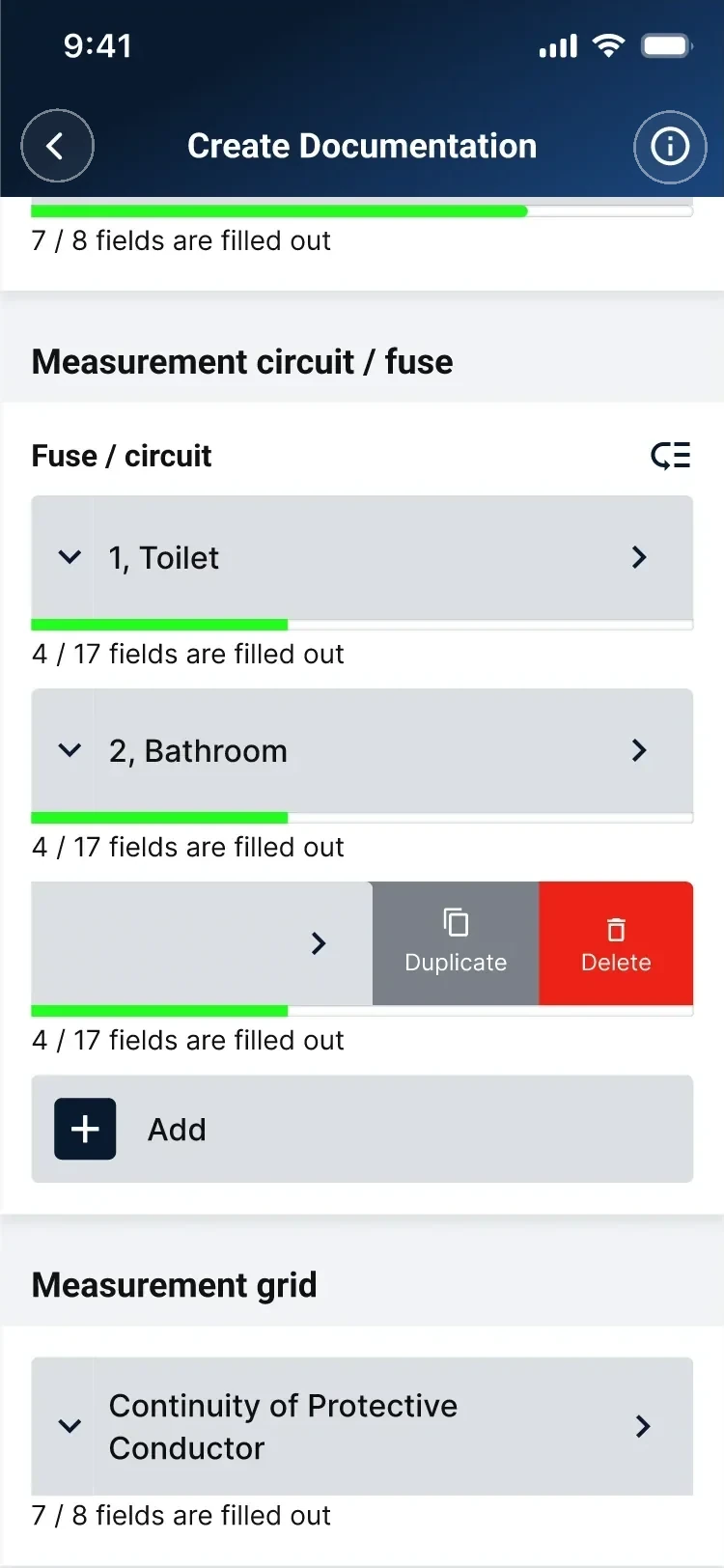 Swiping a measurement block left reveals Duplicate and Delete actions