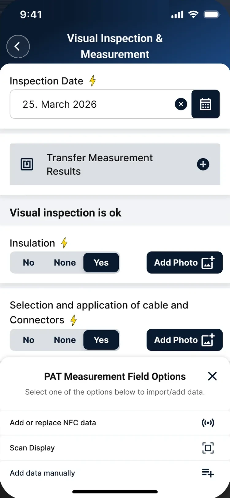 A sheet offering three ways to add a PAT measurement: over NFC, by scanning the tester's display, or manually
