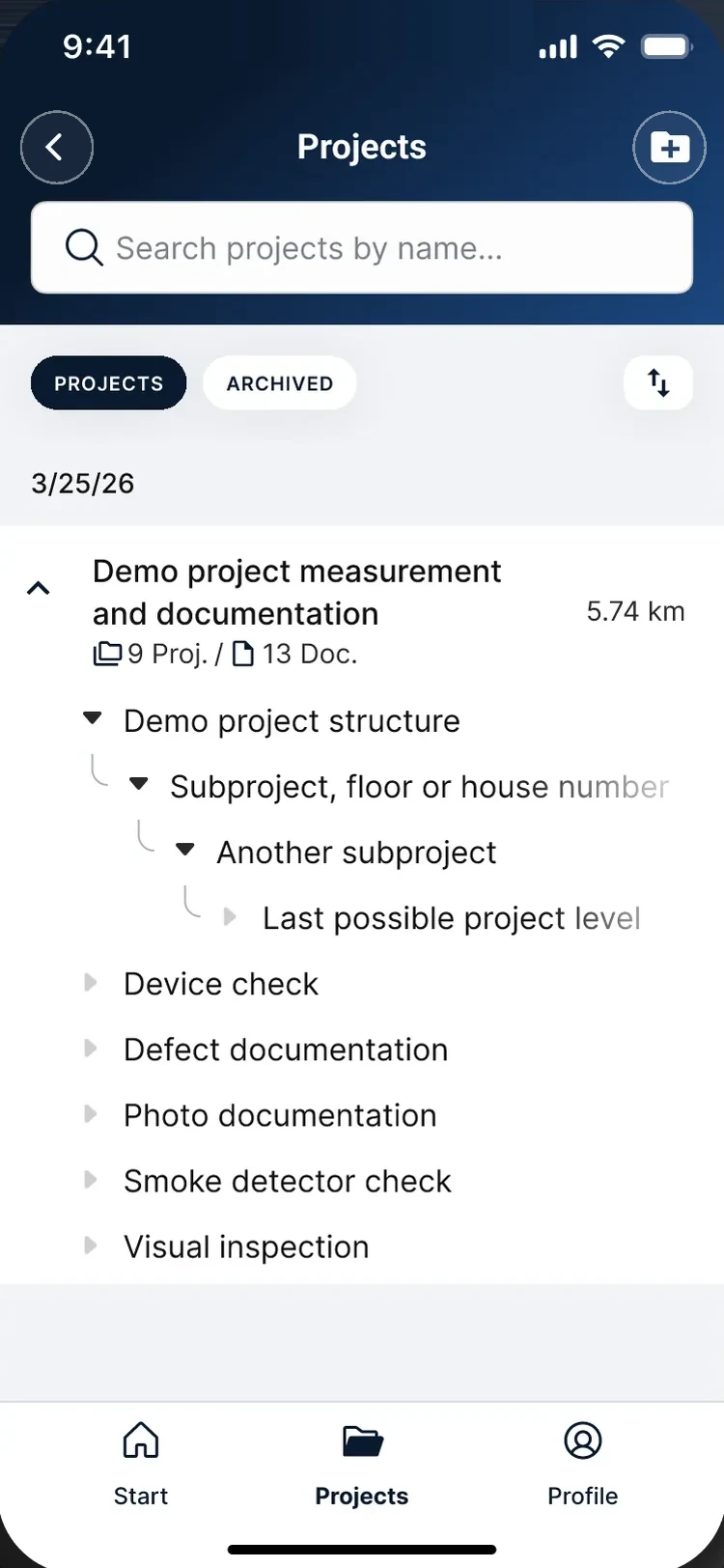 Projects — a site broken into sub-projects and levels, shown as a tree with document counts on each row