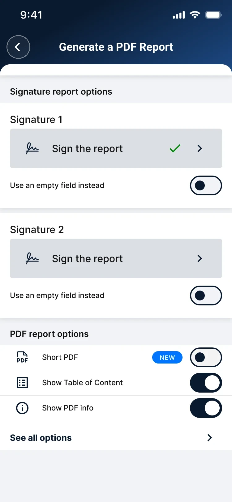 Generate a PDF Report — two signature slots, each with the option to leave an empty field to sign by hand, above the report options
