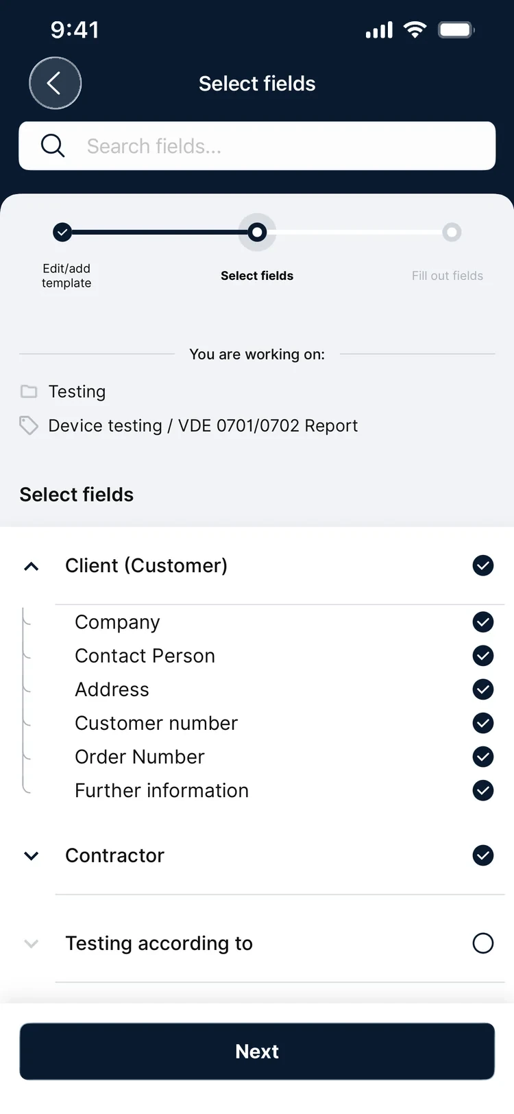 Select fields — ticking which fields to prefill, grouped by section