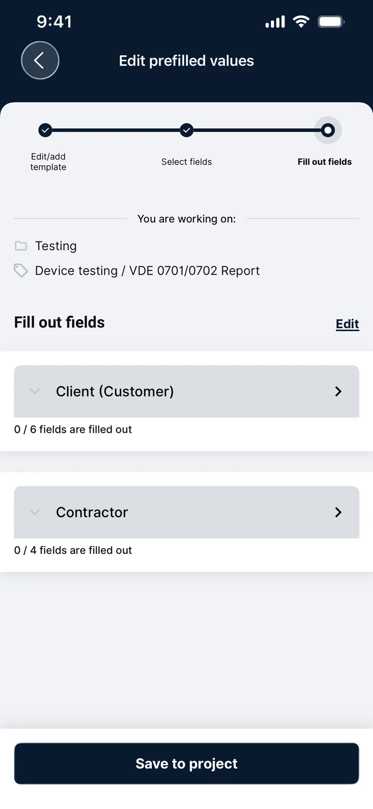 Fill out fields — each group showing how many of its fields are filled
