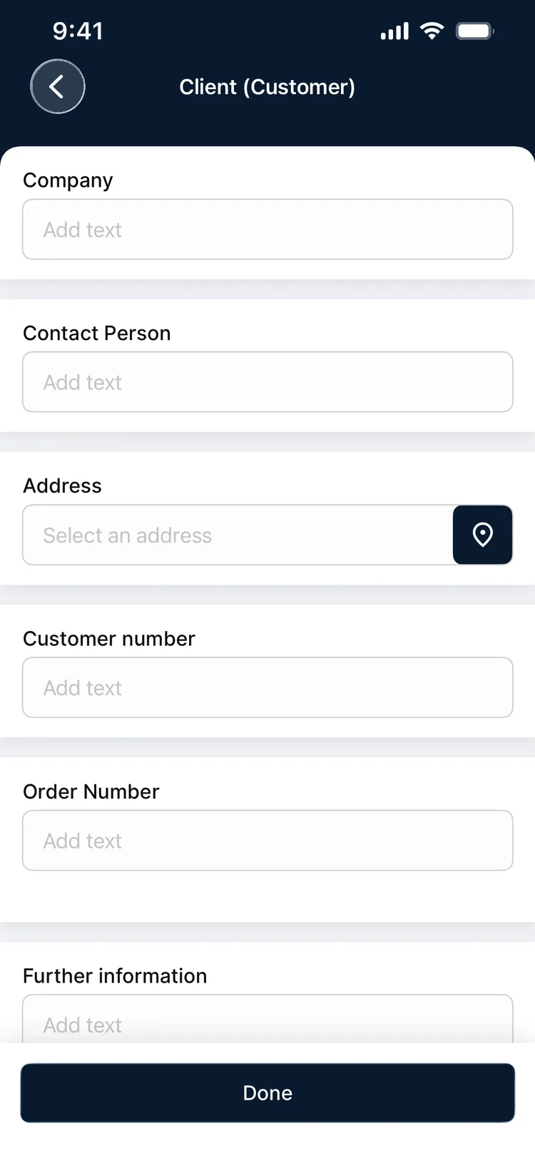 Client (Customer) — the prefill form for company, contact, address and order number