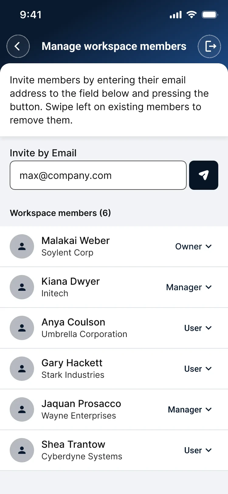 Manage workspace members — each member's role set from a dropdown on their own row, with invite by email above the list