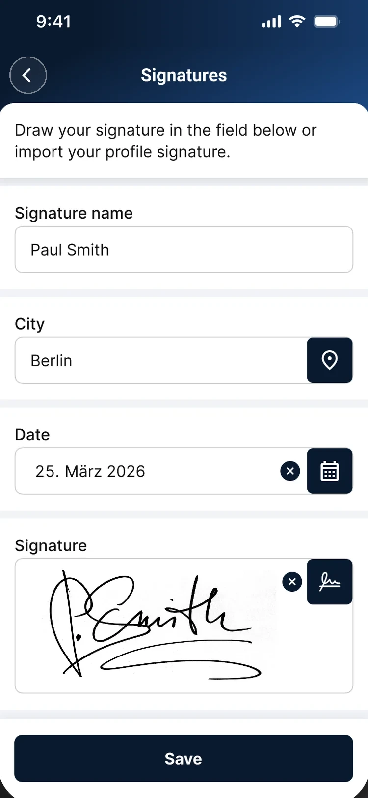 Signatures — drawing a signature with a finger, with name, city and date beside it