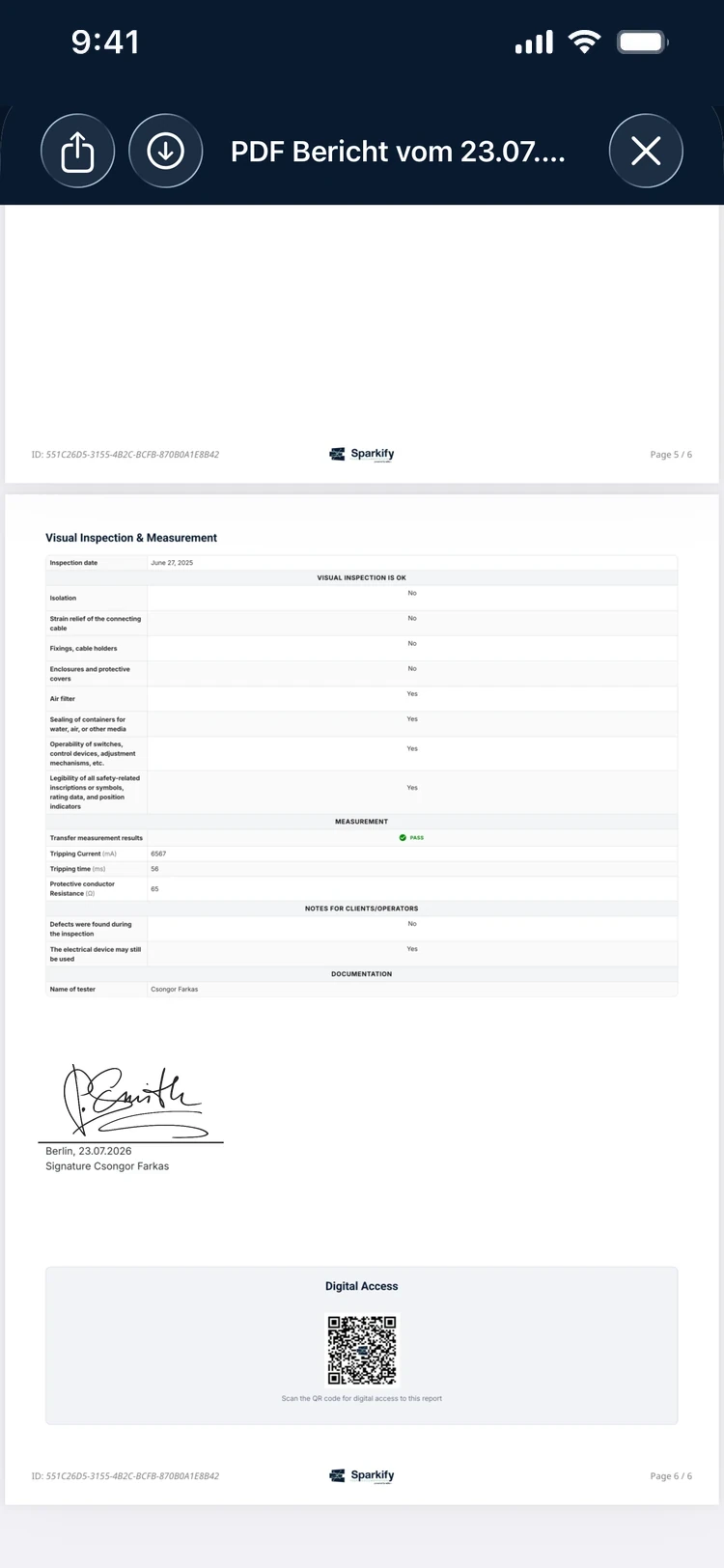 The finished, signed PDF report with the signature and a QR access code
