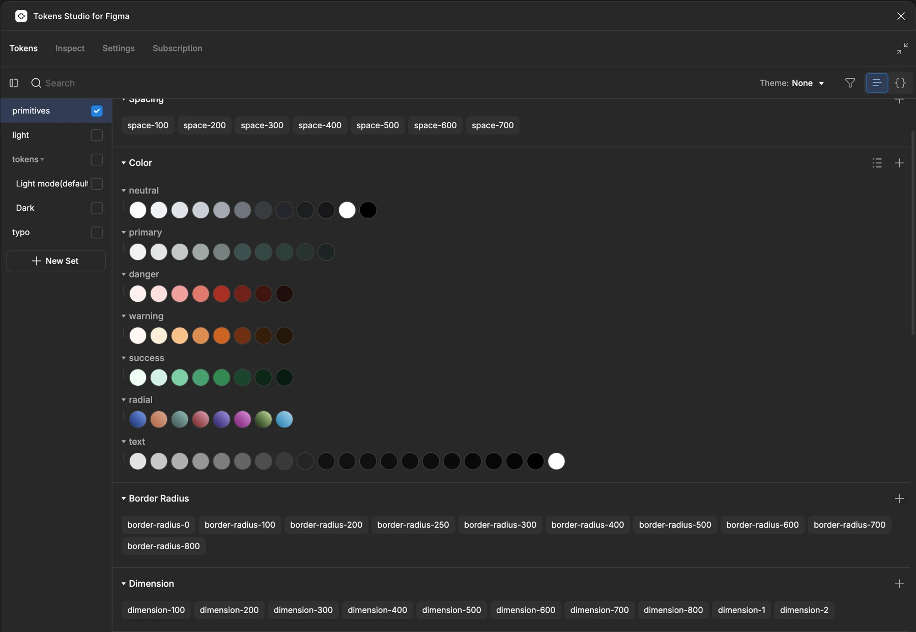 Tokens Studio for Figma — the primitives set with colour ramps, spacing, border radius and dimension tokens
