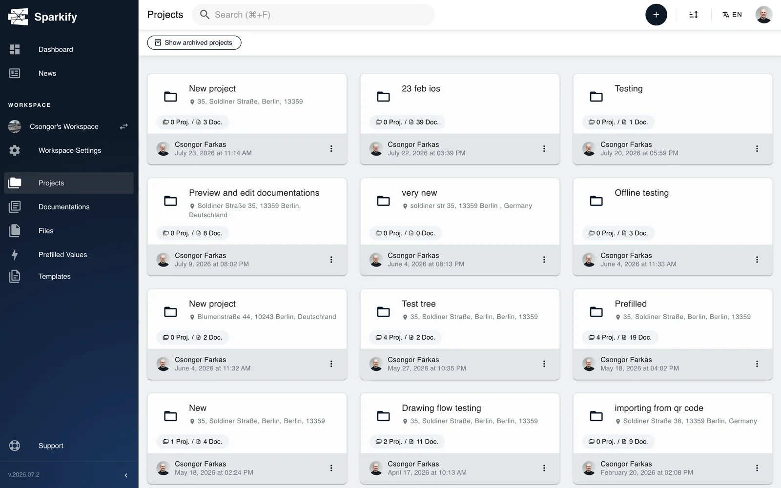 The Sparkify web client in the browser — the Projects view, the same system on desktop